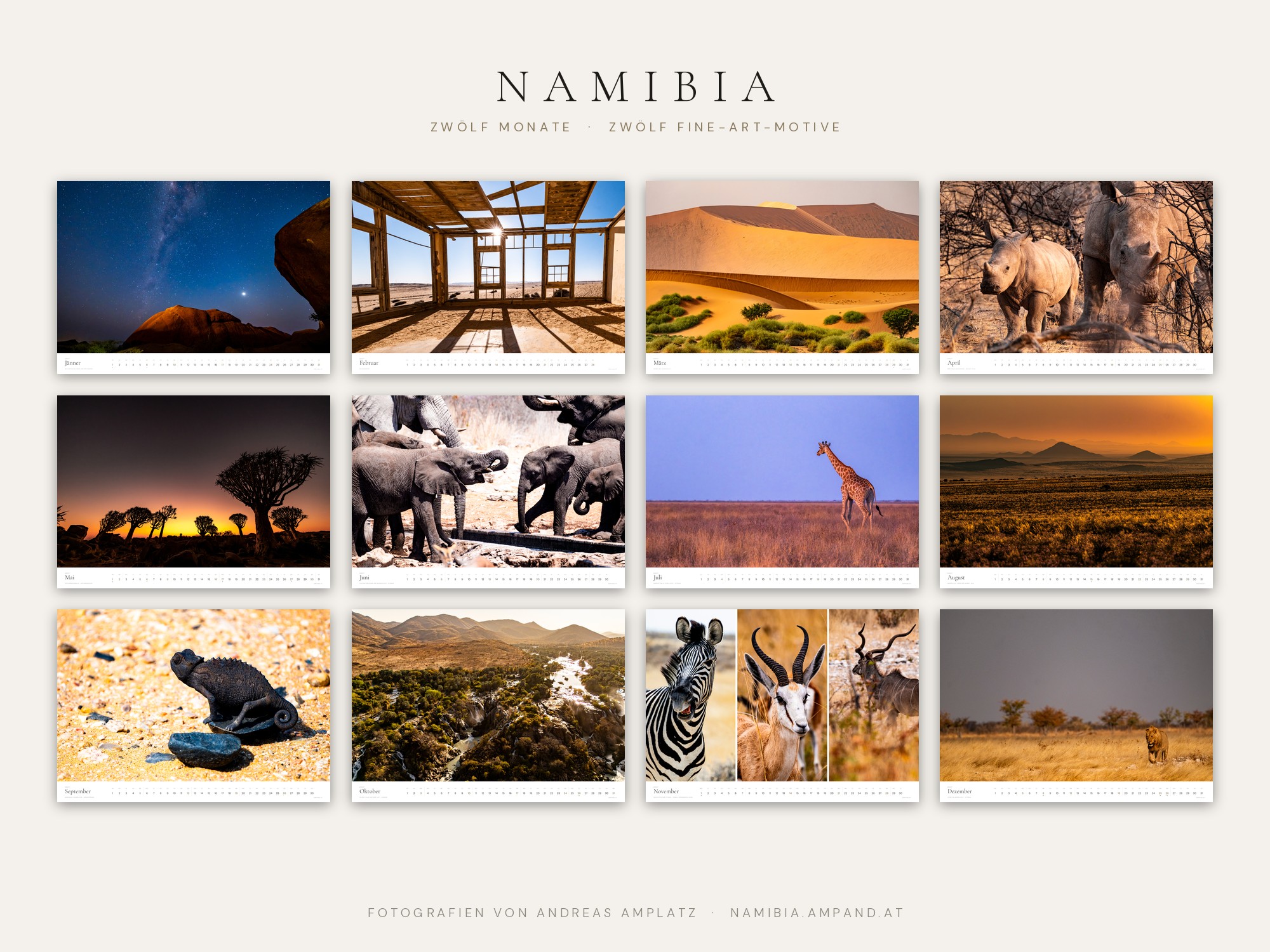 Alle zwölf Kalenderblätter des Namibia-Kalenders 2027 im Überblick