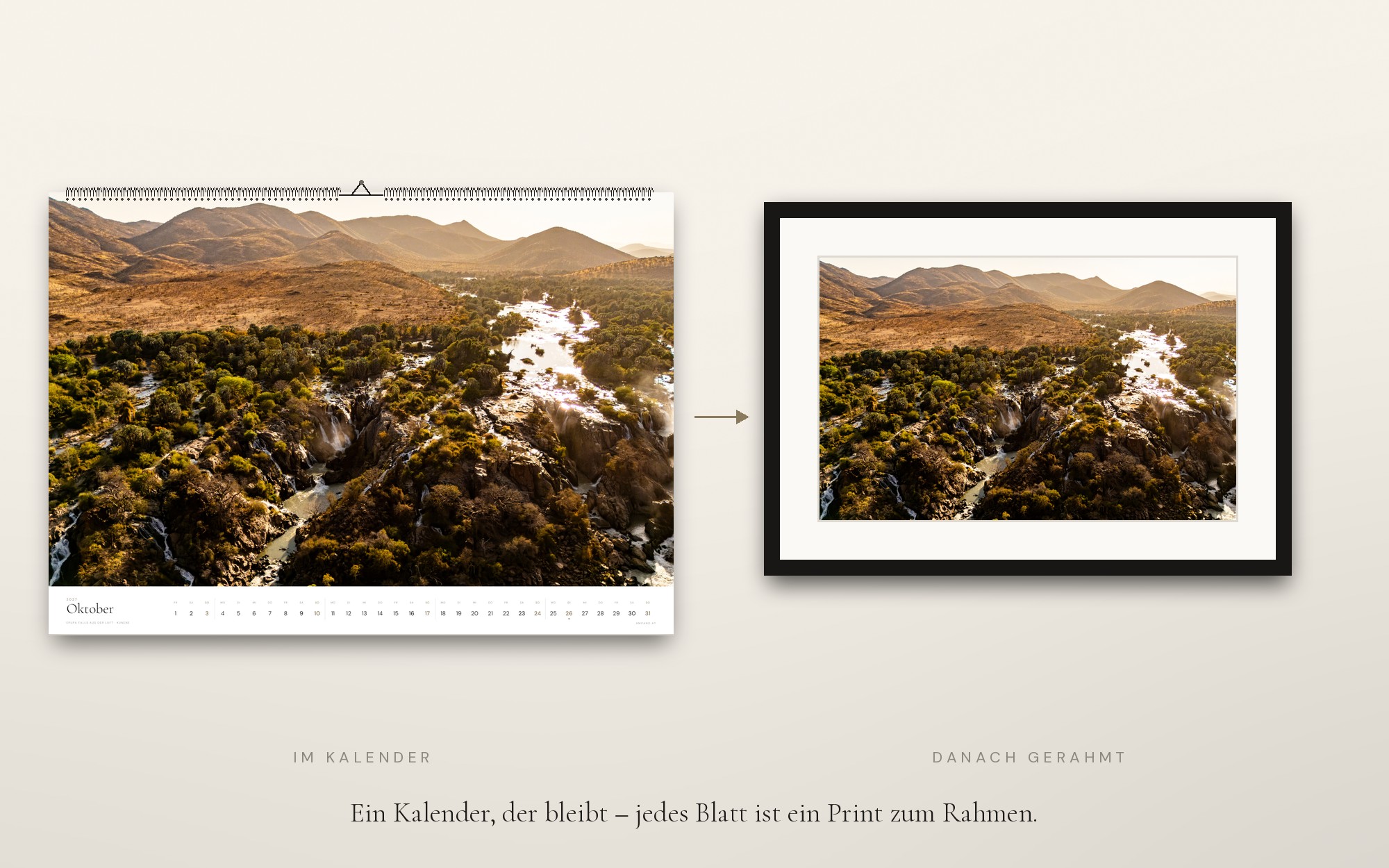 Kalenderblatt Oktober im Kalender, danach gerahmt an der Wand: Ein Kalender, der bleibt — jedes Blatt ist ein Print zum Rahmen.